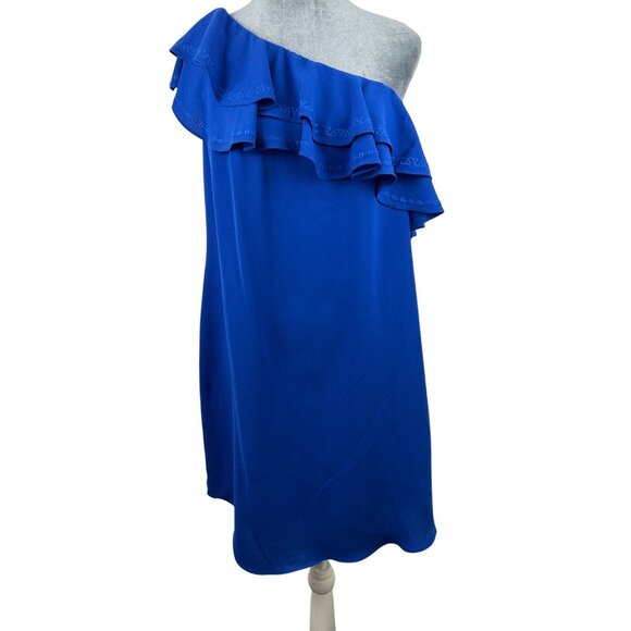 APT. 9 Women's One Shoulder Embroidered Ruffle Dress Blue Lined Royal Sz M NWT - Picture 5 of 14
